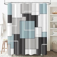 Geometric Fabric Shower Curtain, 72x72, White Black Grey, Hooks, Weighted Hem