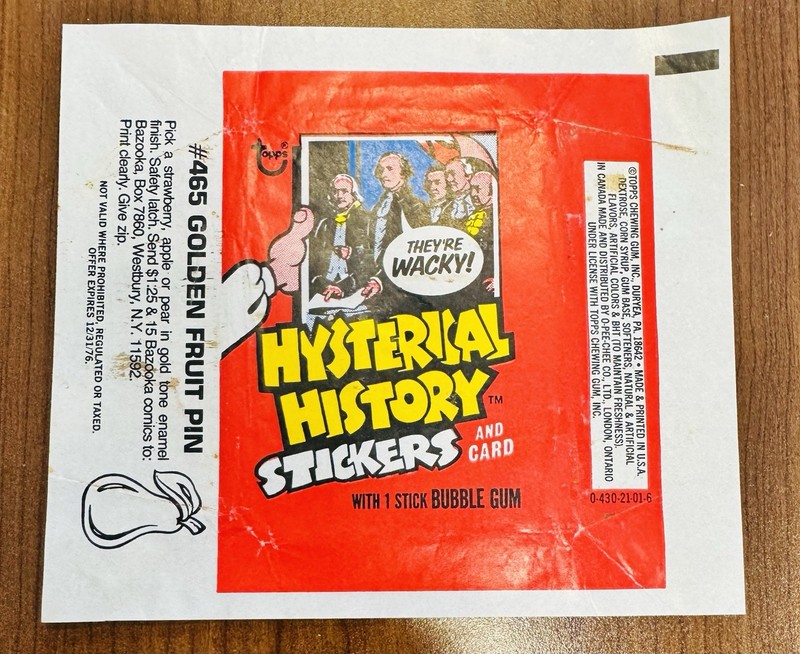 1976  Topps Hysterical History Pack Wrapper + Trading Cards