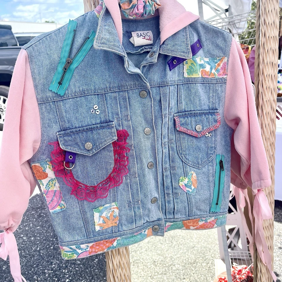 OOAK Demin Jacket Handmade Patchwork Design Lace Vintage Ariel Graphic Girls L - Image 2 of 4