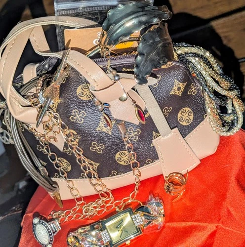 “Gold  Theme" Jewelry Lot w/  Purse Included Wearable Vintage to Modern Costume