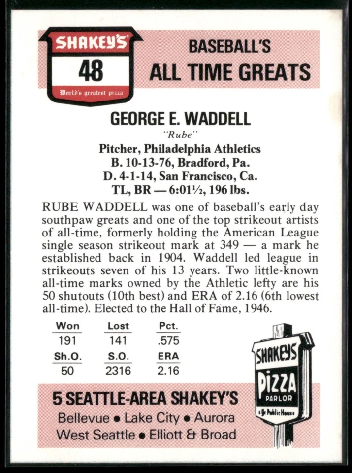Rube Waddell 1976 Shakey's Pizza #48 BASEBALL VINTAGE RARE *SHARP* - Image 2 of 2