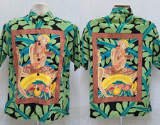 Vintage KOKO ISLAND Green Palm Hula Girl Tiki COTTON RAYON SHIRT - Size M