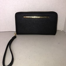 steve madden zip around wristlet black clutch gold accents