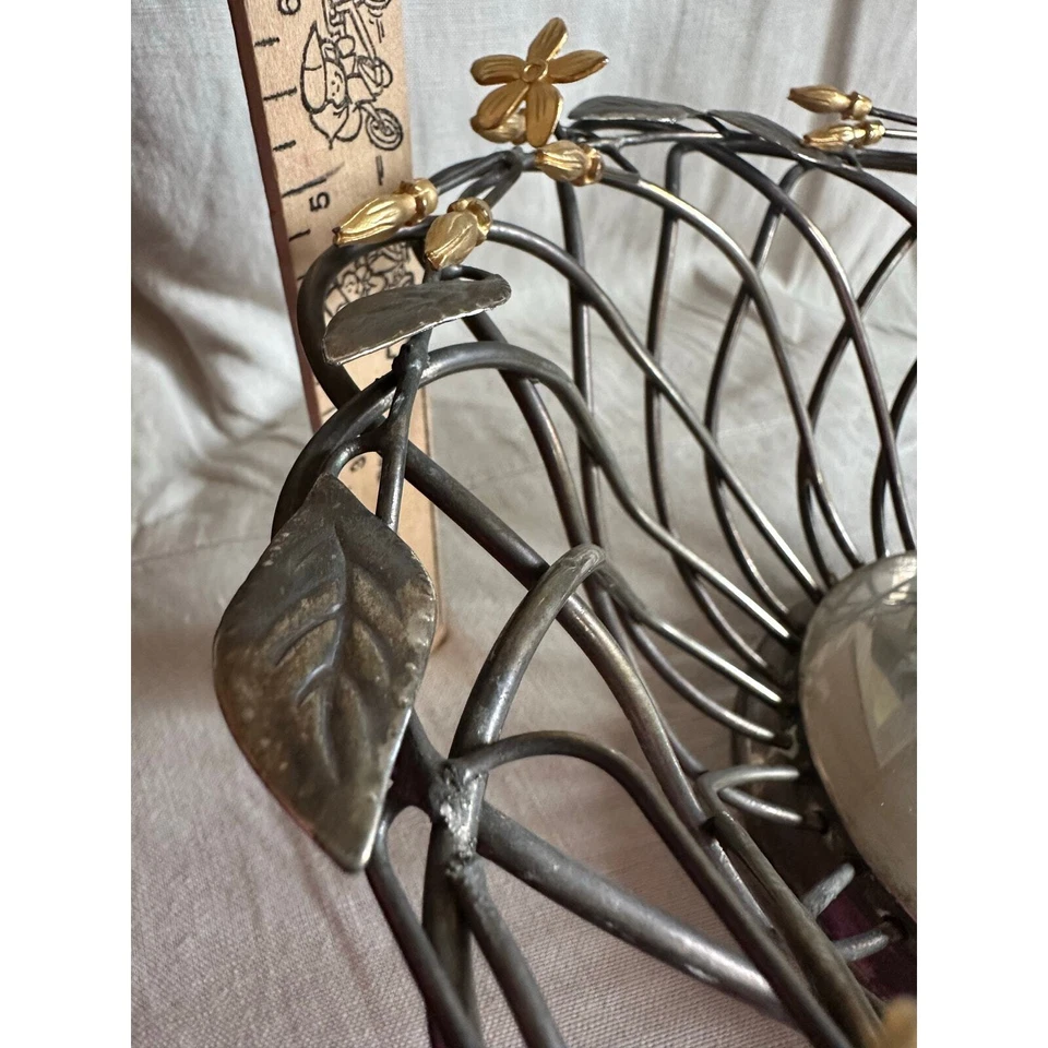 "Cesta de frutas de metal chapada en plata Godinger vintage flores hojas vid 12""" Foto 3 de 4