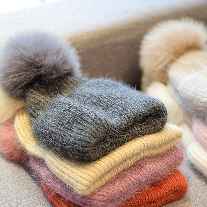 ぽむ Women Winter Fox Fur Cap Pompom Ball Knitted Hat Blend Cuffed