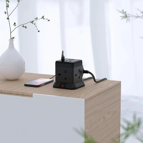 Tower Extension Lead with 3 USB Slot 4 Gang Cube Extension Cable Plug Socket UK - Picture 7 of 7