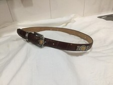 Brighton Museum Collection Belt-Brown Croc Leather-M-Roman Silver/Gold Coin.