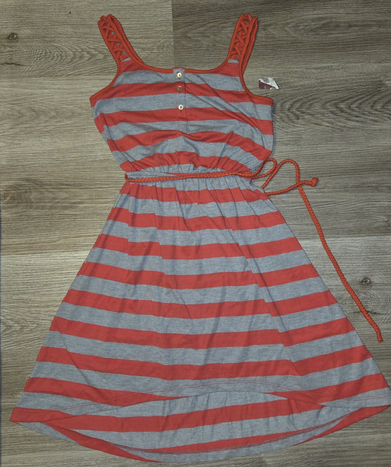 No Boundaries Red & Grey Striped Sundress with Rope Belt - Size Small-image