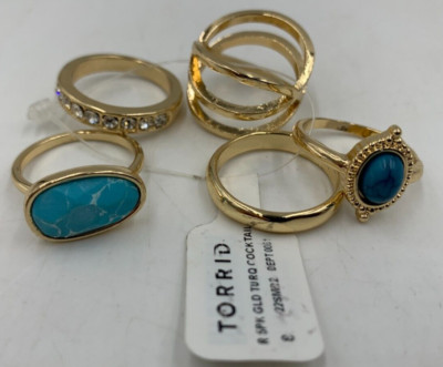Torrid Turquoise Stone Cocktail Rings Set of 5 Gold Tone Sz 8 #69058