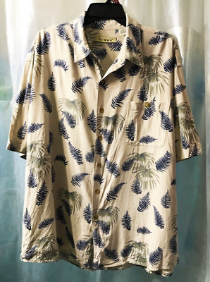 Summa 100% Raw Silk Vintage Hawaiian Shirt Palm Fronds Cream & Blue Size- XL