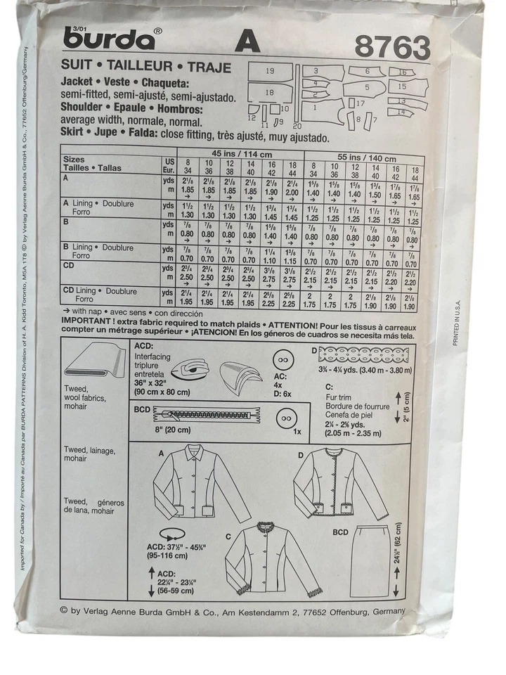 UNCUT FF Sewing Pattern Burda 8763 Suit Jacket Skirt Miss Size 8-18 - Image 2 of 2