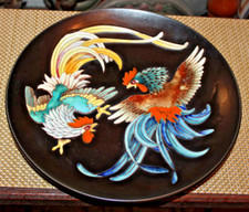 Placa Cargador Cerámica Vintage Gallo Lucha Pájaros Pintado a Mano