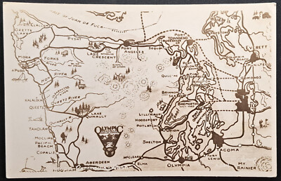 Vintage 1940s Olympic Peninsula WA Map Postcard Washington State Travel