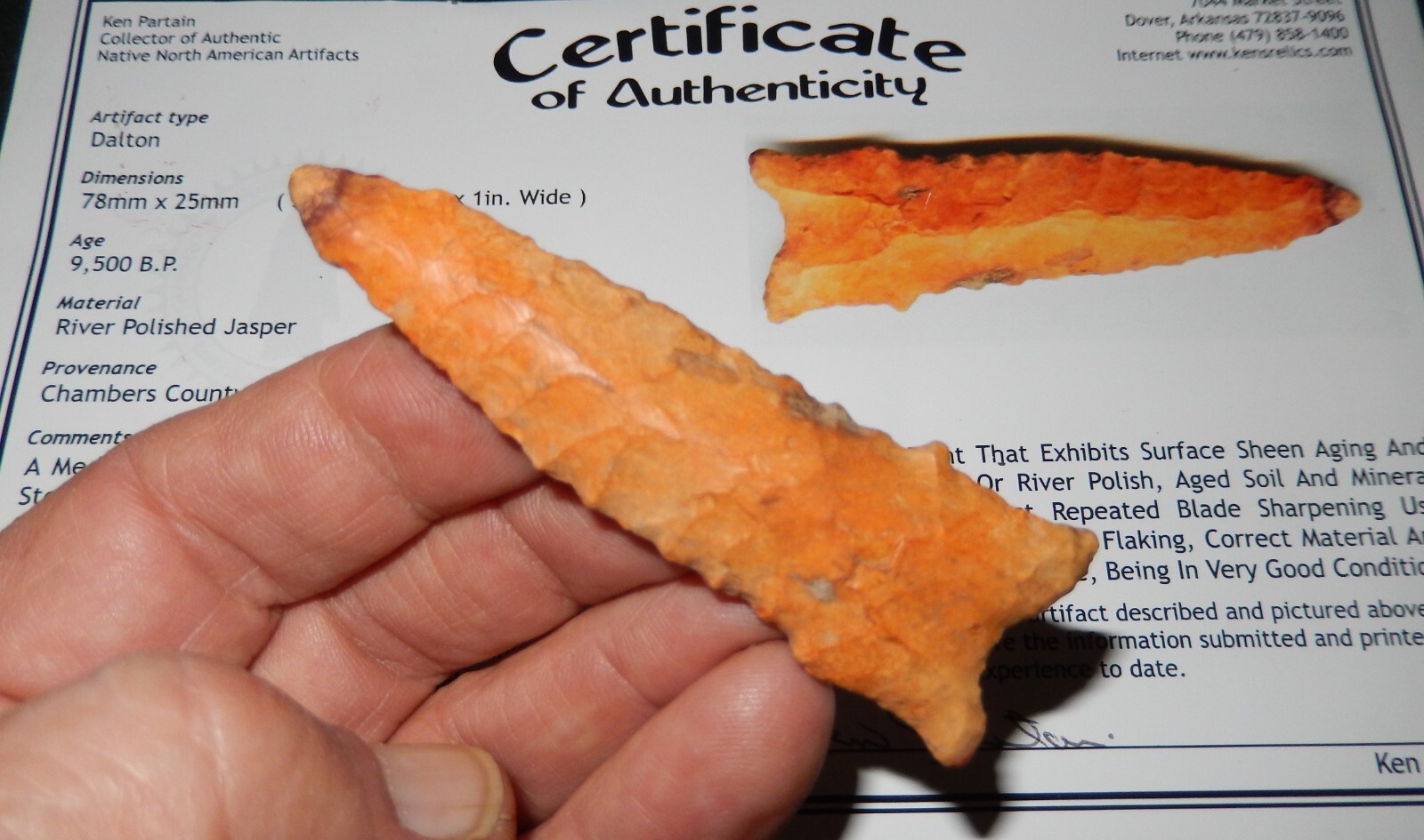 SUPER DALTON POINT RIVER POLISHED JASPER KEN PARTAIN COA ALABAMA