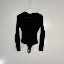 Reformation Bodysuit Womens Medium Black Ribbed Wrap Long Sleeve Made in USA