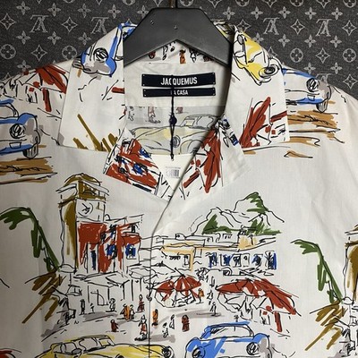 Rare Jacquemus white Capri Cars print cotton shirt camp collar Size-1 Oversized