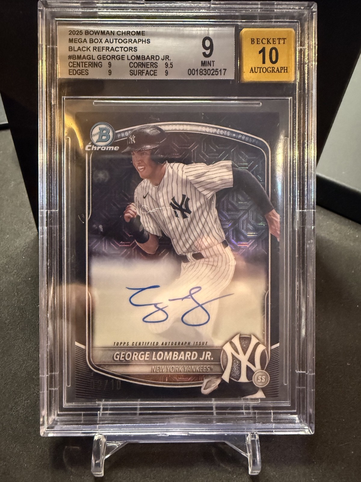 2025 Bowman Chrome George Lombard Jr Auto Black Mojo /10 Yankees  Beckett Mint 9