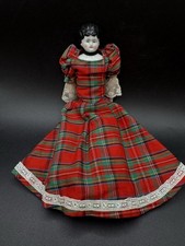 Antique German China Head Doll Low Brow 9.5" Plaid Black Hair Blue Eye CHIP