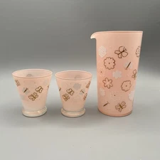 Vintage 50s Gay Fad Pink Carafe Pitcher 2 Glasses Frosted Butterflies Barware