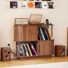 40" Record Player Stand with Charging Station, Wood Record Storage Cabinet with