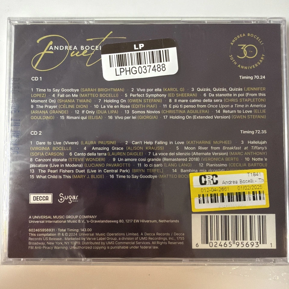 Andrea Bocelli - Duets 30th Anniversary (Exclusive 2 Extra Songs, 2 CD) NEW !!! Foto 2 de 2