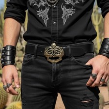 Men Women Dark Gold Belt Buckle Skull Skeleton Bones Pirate King Crown Halloween