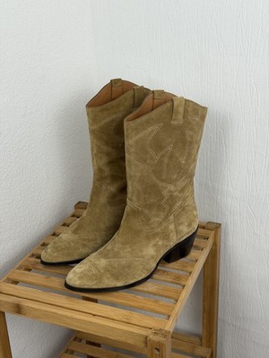 SEZANE Suede Cowboy Boots Tan Camel Western Mid Calf Embroidered EU 39 US 9 UK 7