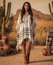 Farm Rio Embroidered Boho Aztec One Size Tassel Cotton Poncho