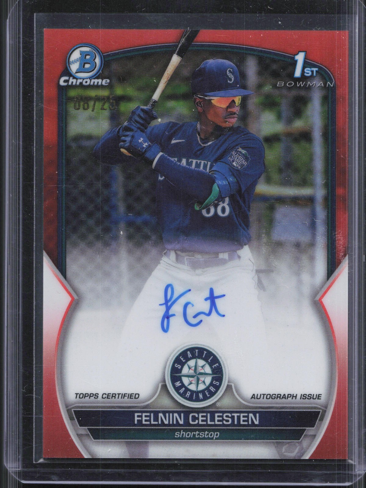 2023 Bowman Chrome Felnin Celesten 1st True Orange Refractor Auto /25 Mariners