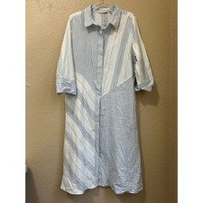 Soft Surroundings Blue White Striped Linen Cotton Midi Shirt dress XL Lagenlook
