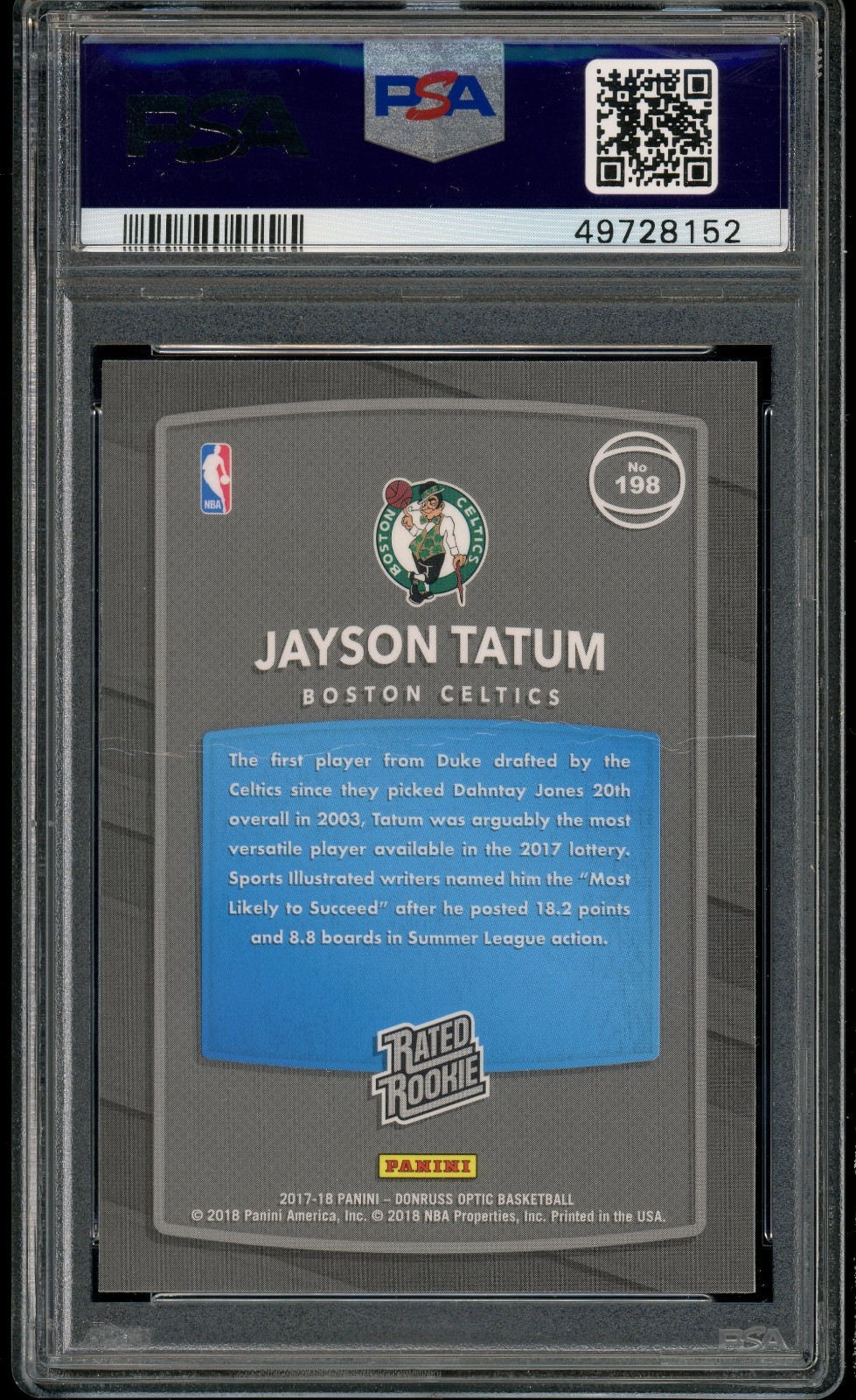 Jayson Tatum Panini 2017-18 Donruss Optic Rookie Red Yellow #198 PSA 3 SMOKED view 2