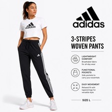Adidas Women's Black Logo 3-Stripe Tapered-Legs Drawstring Track Pant Size L