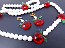 Vintage Red Appels White Bead Lucite Statement Necklace Clip Earrings Set