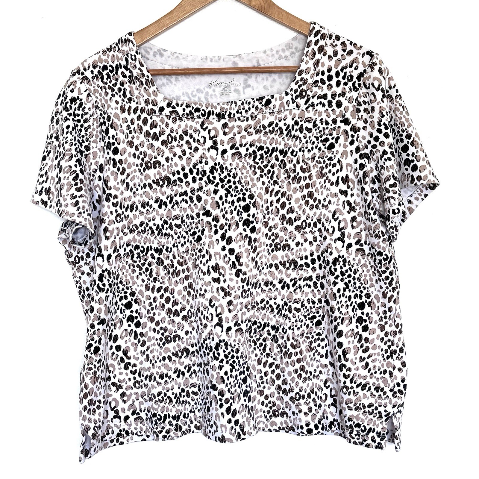 Kim Rogers Plus Shirt Women’s 1X Cheetah Cotton Short Sleeve Square Neck Top