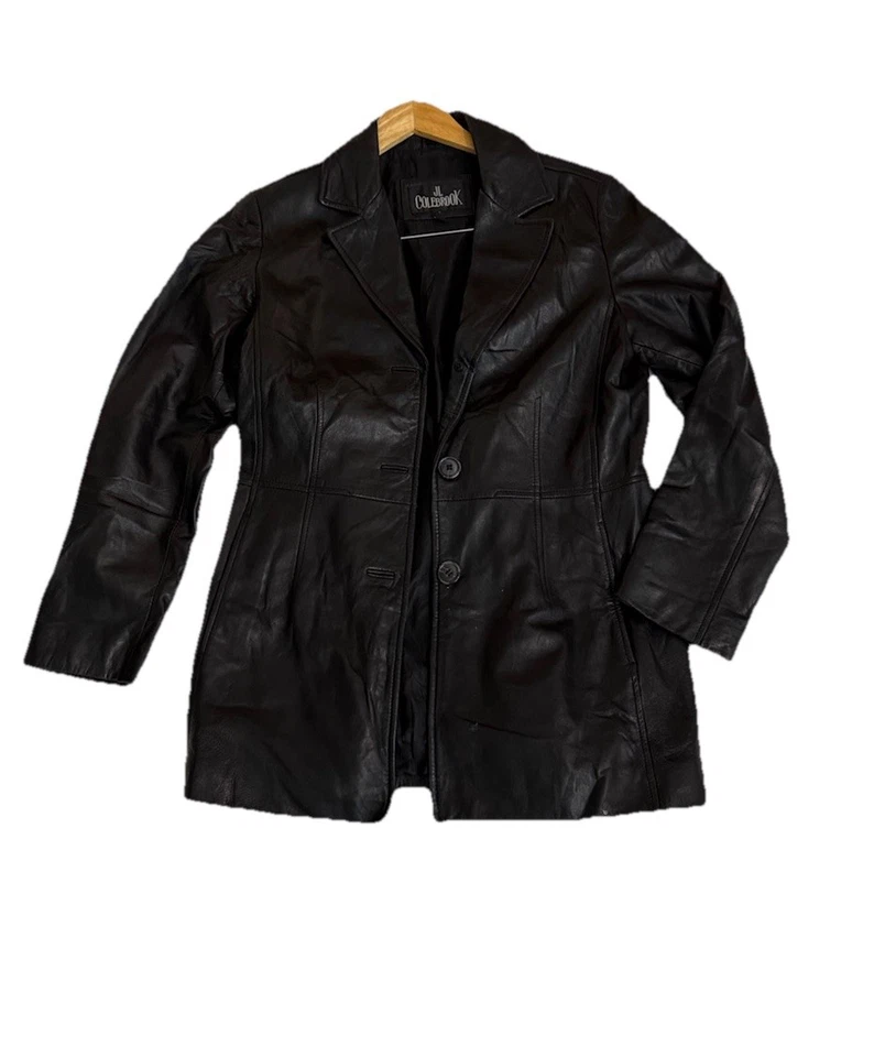 Chaqueta de cuero 100 % negra JL Colebrook, para mujer talla mediana, abotonada, bolsillos Foto 2 de 4