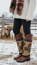Women Boot Cover Toppers Pair Brown Faux Leather Slip Western Prints Lace PAIR