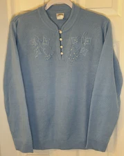 VTG Womens Embroidered Sweater Sz L Blue Pearl Button Grandma Core NEW!