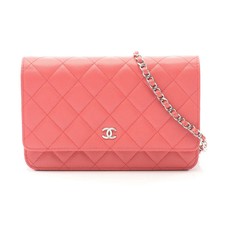 CHANEL Matelassé Chain Wallet Caviar Skin Coral Pink Silver Hardware #RC973