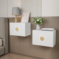 Floating Nightstands Set of 2 with LED Light Strip, and 2 Drawers – Modern Wa...