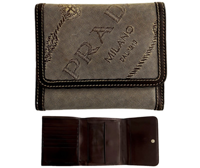Prada Brown Beige Canvas Jacquard Leather Tri-Fold Wallet Logo Milano Dal 1913
