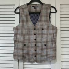Murano Plaid Suit Vest Mens Small Brown Blue Tailored Waistcoat Lined