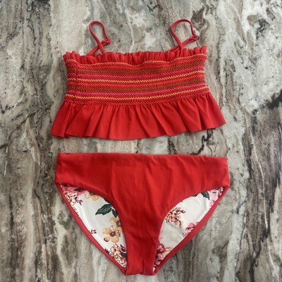 Maaji Red Camellia fiesta reversible Top & bottom bikini Size 12 Youth Girls