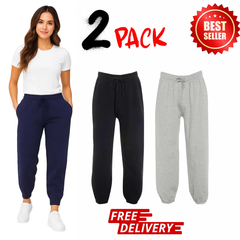 GLOSSY LONDON PACK OF 2 JOGGING BOTTOMS JOGGERS FLEECE TROUSERS LADIES TRACKSUIT PANTS S-2XL