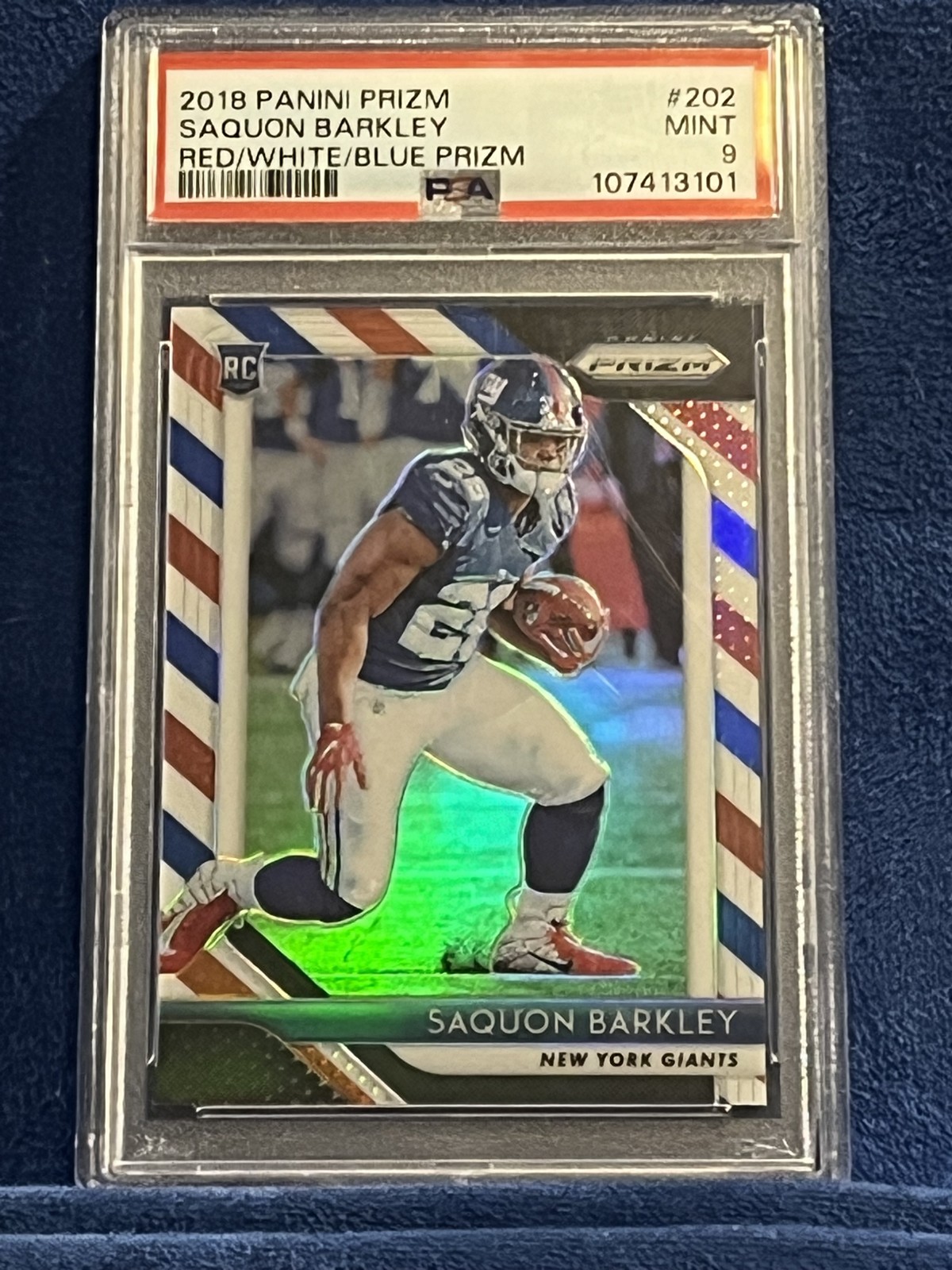 2018 Panini Prizm - Rookie Saquon Barkley #202 Red White & Blue Prizm (RC) PSA 9