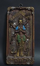 Plaque panneau d'art de Bouddha tibétain sculpture traditionnelle sur bois H1...