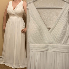 White V-Neck formal Evening wedding Dress maxi gown Floor Length XL 12-14
