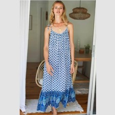 Emerson Fry India Sundress Organic Cotton Blue Flowers Tie Shoulders Size XS/S