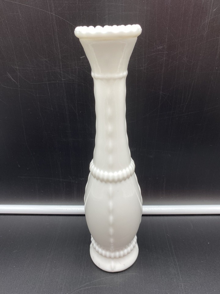 2 Vintage Milk Glass Vases 7.5" E O Brody Diamond 10.5" Unmarked Bead
