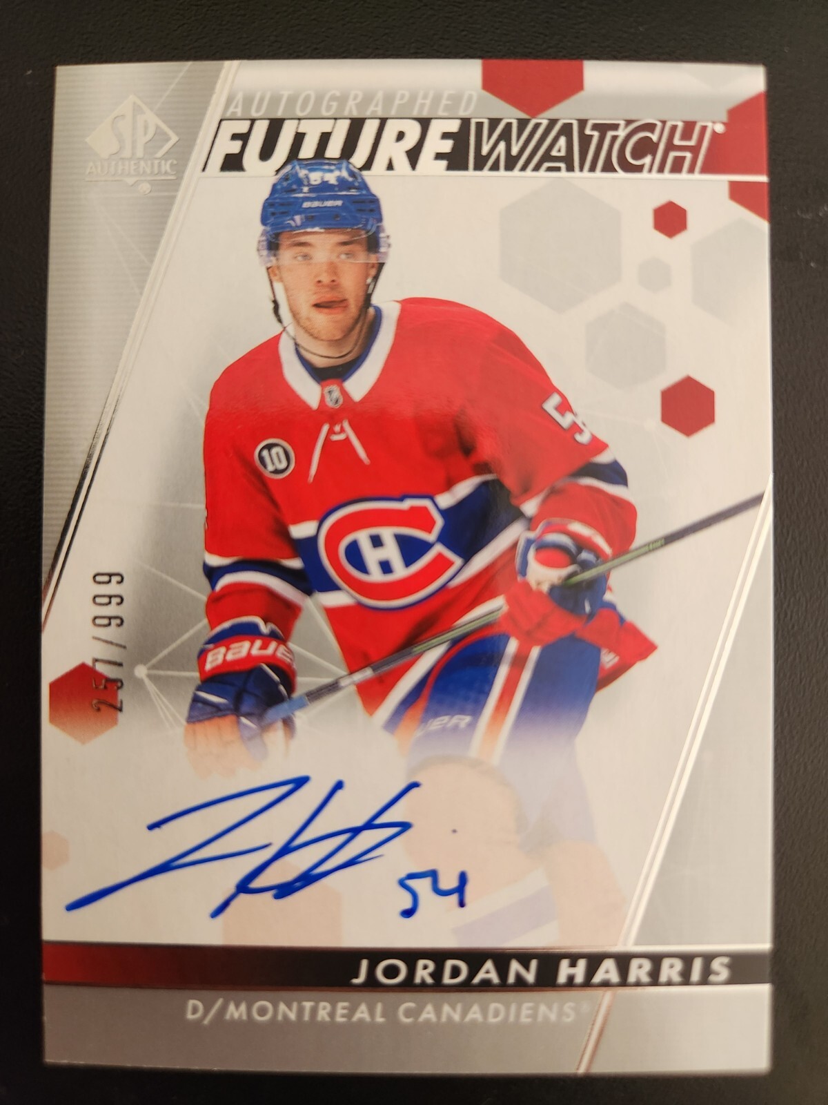 2022-23 SP Authentic Jordan Harris Future Watch Auto /999 Canadiens Rookie