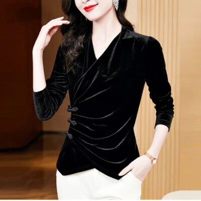Lady Velvet Shirt Chinese Frog Button Tops V Neck Slim Fit Blouse Retro Elegant